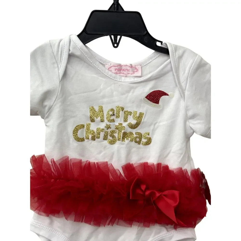 Popatu Merry Christmas One Piece Short Sleeves Tutus White Kids 0-3 Months NWT